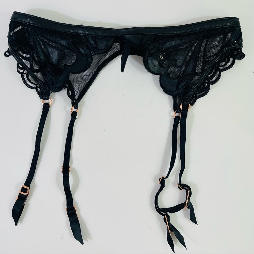 Honey Birdette Bundle Faux Leather Studded Black Bra, Garter Belt with Satin Bag - Picture 12 of 16